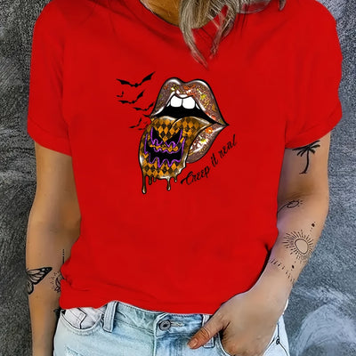 Halloween Bat Graphic and Lips Print Casual Sports T-Shirt - Perfect Women's Summer Tops!