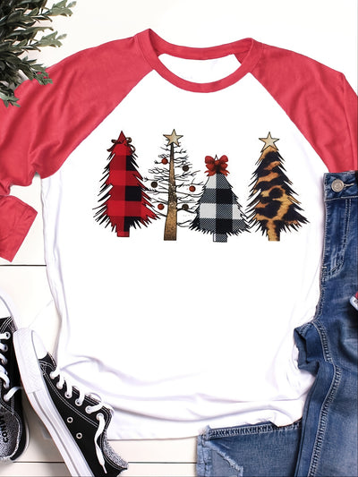 Festive Fashion: Women's Christmas Tree Print T-Shirt - Comfy Half-Sleeve Tee for the Holiday Season!