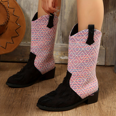 Women's Fashionista Ripped Detail Mid-Calf Boots: Embrace Geometric Patterns and V-Cut Style for Ultimate Style Statement