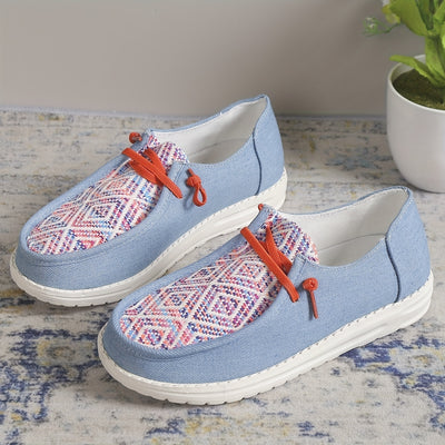 Comfortable Geometric Design Women's Canvas Shoes - Lightweight Low Top Lace Up Walking Shoes with Colorblock Design