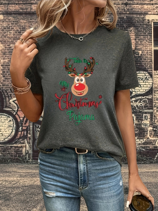 This Festive Forest Christmas Deer Print Tshirt is a casual short sleeve crew neck t-shirt for women's clothing. It is made from soft and breathable 100% cotton fabric, perfect for wearing all year round. Available in an array of sizes, the t-shirt has a relaxed fit for maximum comfort.