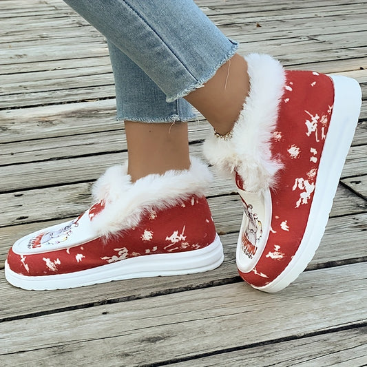 Cozy and Stylish: Christmas Print Plush-Lined Furry Boat Shoes for a Warm and Comfortable Winter