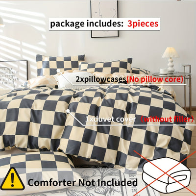 Stylish Checkered Duvet Cover Set: Enhance Your Bedroom Décor with 3-Piece Bedding SetLove Rose Print Duvet Cover Set: Soft and Comfortable Bedding for Bedroom and Guest Room(1*Duvet Cover + 2*Pillowcases, Without Core)