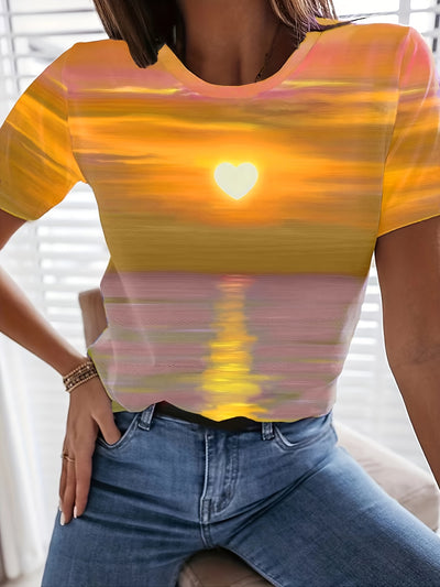 Experience effortless style with Sunset Vibes: the perfect casual top for summer and spring. This printed t-shirt offers a comfortable and stylish option for any occasion. Made for the modern woman, embrace a laid-back yet chic look with Sunset Vibes.