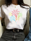 Sparkling Delight: Fireworks Print Crew Neck T-Shirt - Casual Summer Staple for Women's Wardrobe