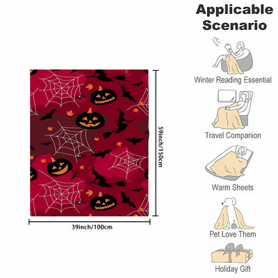 Pumpkin, Bat and Spider Web Print Throw Blanket - Warm and Comfortable Flannel Blanket for Sofa, Bed, Couch, Office - Multi-Purpose Blanket - Perfect Halloween Decor and All-Season Gift