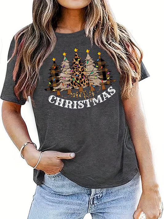 Women can look both stylish and festive this holiday season in the Leopard Christmas Tree Pattern Tshirt. This short sleeve crew neck T-shirt features a unique leopard Christmas tree pattern that is sure to get you noticed. Make a statement in your holiday wardrobe.