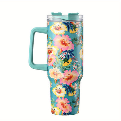 40oz Floral Pattern Tumbler With Lid And Straw, Stainless Steel Thermal Water Bottle With Handle, The Perfect Gift for Any Occasion