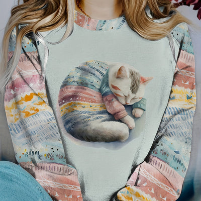 Adorable Feline Frenzy: Women's Cute Cat Print Crew Neck Sweatshirt - Casual, Long Sleeve & Drop Shoulder