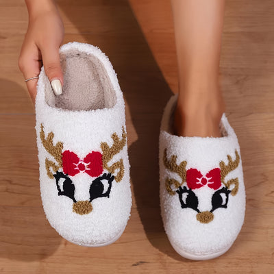 Festive Cartoon Christmas Deer Print Slippers: Slip-On, Non-Slip, Warm and Cozy Indoor Shoes