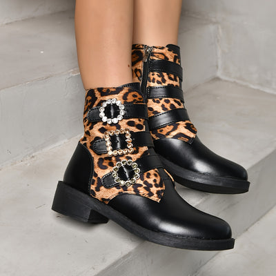 Wild and Cosy: Women's Leopard Print Slip-On Boots with Side Zipper and Non-Slip Platform