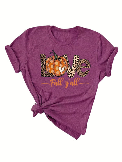 Pumpkin & Leopard Print Crew Neck T-Shirt, Casual Short Sleeve Top For Spring & Summer, Women's Clothing