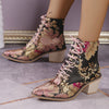 These stylish, fashionable cowboy boots feature a vintage floral embroidery design, lace-up closure, and a comfortable chunky heel. Perfect for adding a fashionable touch to any look.