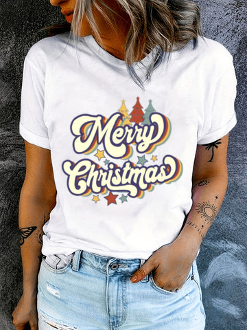 Festive Merry Christmas Print Crew Neck T-Shirt: Casual Short Sleeve Top for Spring/Summer Women's Clothing