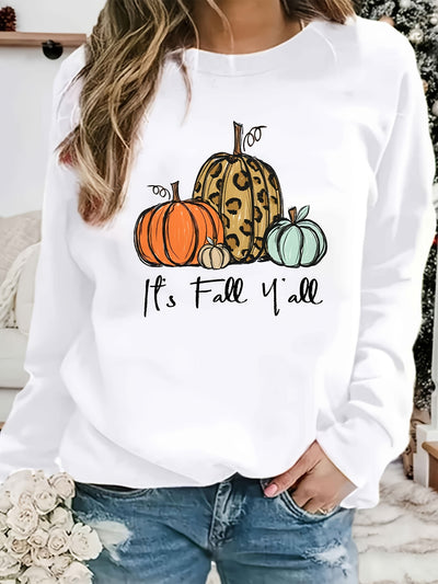 Pumpkin and It's Fall Y'all Print Sweatshirt, Casual Long Sleeve Crew Neck Sweatshirt, Women's Clothing