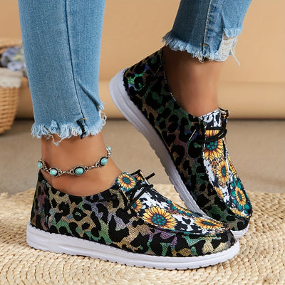 Women's Sunflower & Leopard Print Canvas Shoes, Flat Slip On Shoes, Lightweight & Comfortable Shoes