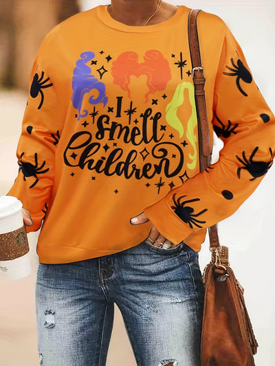 Halloween Color Graphic Art Print Sweatshirt, Casual Crew Neck Long Sleeve Sweatshirt, Women's Clothing