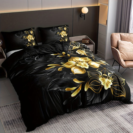 Opulent Elegance: Black and Golden Floral Print 3-Piece Duvet Cover Set for Luxurious Bedroom Décor(1*Duvet Cover + 2*Pillowcase, Without Core)