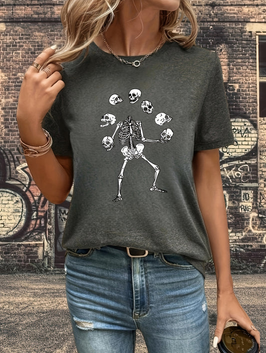 This skull head Halloween printed t-shirt offers style and comfort with its loose-fit silhouette and summer casual styling. It features a round neck, short sleeves, and 100% polyester fabric for a lightweight and breathable feel. Unisex sizing ensures a perfect fit for everyone.