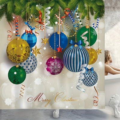 Merry Christmas Shower Curtain Set, Waterproof Shower Curtain With 12 Hooks, Non-Slip Bath Rug, Toilet U-Shape Mat, Toilet Lid Cover Pad, Bathroom Accessories, Bathtub Curtain, 180*180cm/70.8*70.8in