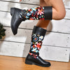 Vibrant Blooms: Women's Colorful Floral Print Slip-On Boots with Chunky Heel for Comfy Outdoor Style