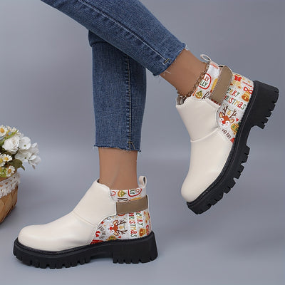 Festive Footwear: Women's Christmas Pattern Chunky Heel Boots – Fashionable Winter Ankle Boots for Comfortable Style