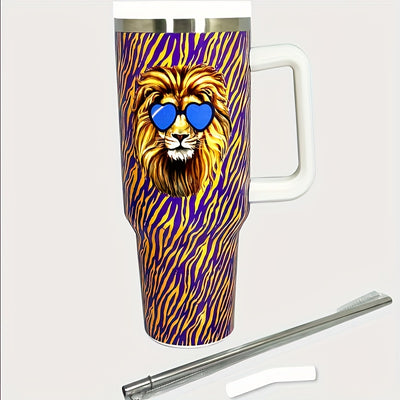 40oz Lion Tumbler: Stylish and Insulated Stainless Steel Water Bottle with Handle, Lid, and Straw – Perfect Summer Drinkware for Car, Home, Office, and Travel