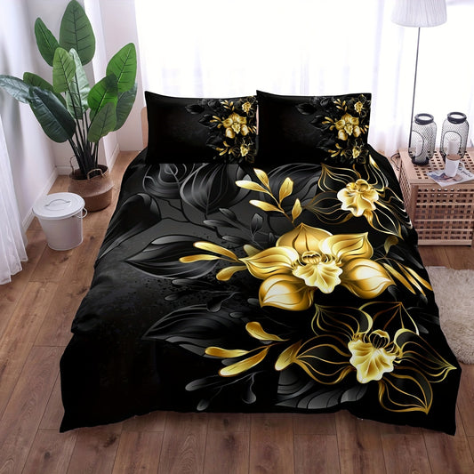 Add a touch of lux to your bedroom décor with the Opulent Elegance duvet cover set. Featuring a stunning black and golden floral print, this 3-piece set includes one duvet cover and two pillowcases. An ideal choice for a luxurious look and feel.