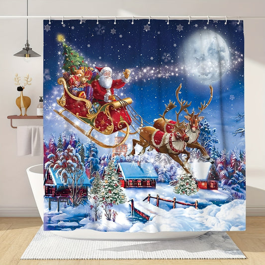 Enchant your Bathroom with the Elk and Santa Claus Shower Curtain: A Perfect Christmas Bathroom Decoration and Waterproof Bathroom Partition