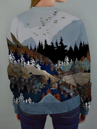 Cozy and Stylish: Landscape Print Pullover Sweatshirt for Fall-Winter Women's Clothing