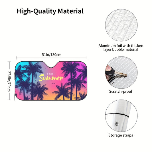 Hawaiian Sunset Sunshine Car Windshield Sunshade: Beach Coconut Tree Design, Folding Front Window Shade for Most Vehicles - High-Quality & Affordable