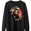 Darkly Stylish: Women's Plus Size Halloween Grim Reaper Sweatshirt with Slogan Print