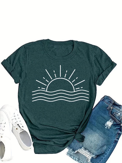 Graphic Print Crew Neck T-Shirt with Sun, Casual Short Sleeve T-Shirt For Spring & Summer, Women's Clothing