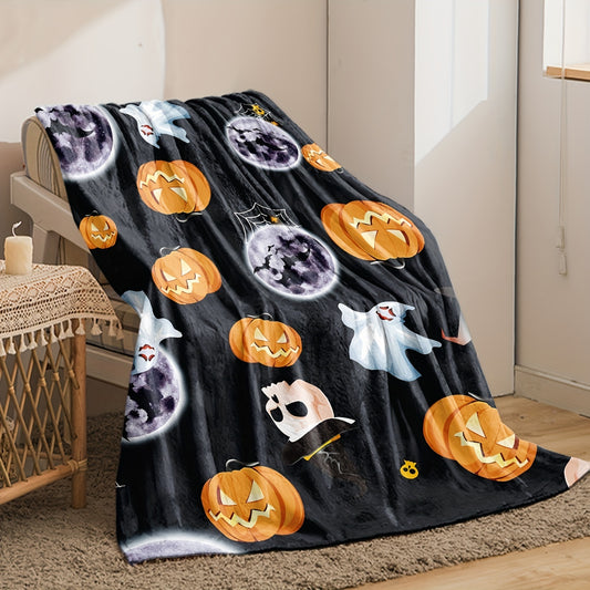 Spooktacular Halloween Flannel Blanket: Cartoon Pumpkin and Moon, Ghost, Skull Print - Soft and Cozy Throw Blanket for Travel, Sofa, Bed, and Office - Perfect Halloween Gift for Boys, Girls, and Adults - Available All Season