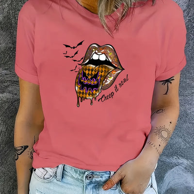 Halloween Bat Graphic and Lips Print Casual Sports T-Shirt - Perfect Women's Summer Tops!