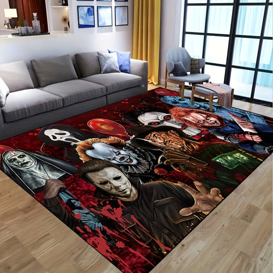 Bring a spooky Halloween atmosphere to your space with this eye-catching area rug featuring a unique design. Its soft and durable construction makes it perfect for adding both style and comfort to your décor. Fill any room with the eerie ambience of Halloween with this one-of-a-kind area rug.