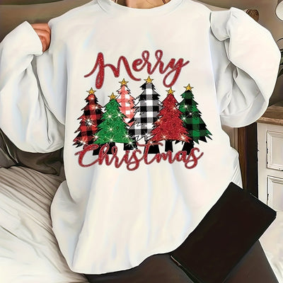 Plus Size Christmas Casual Sweatshirt: Women's Plus Tree Slogan Print Round Neck Long Sleeve Sweatshirt