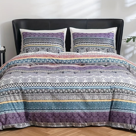 This Vintage Charm 3-Piece Retro Striped Printed Bedding Set includes one duvet cover and two pillowcases made from premium fabric for a luxurious feel. Ideal for a timeless bedroom decor, this set is machine washable, wrinkle-resistant, and breathable. Create a chic, vintage look with this durable and stylish bedding set.