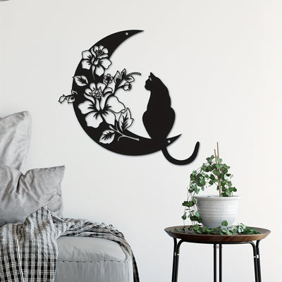 Charming Metal Art Cat and Moon Wall Decoration: Exquisite Metal Cat Art Silhouette Sculpture for Retro Home Décor