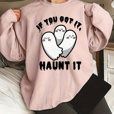 Cute Ghost Print Sweatshirt: Spooktacular Style for Plus-Size Halloween Enthusiasts