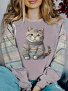 Adorable Feline Frenzy: Women's Cute Cat Print Crew Neck Sweatshirt - Casual, Long Sleeve & Drop Shoulder