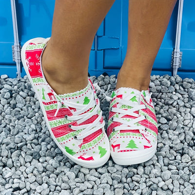 Colorful and Comfortable: Women's Cartoon Print Canvas Shoes – Slip-On, Lightweight, and Soft-Soled - Ideal for Christmas!