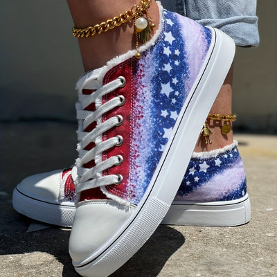 Glitter Star Pattern Women's Canvas Shoes - Casual Lace Up Outdoor Shoes for Independence Day