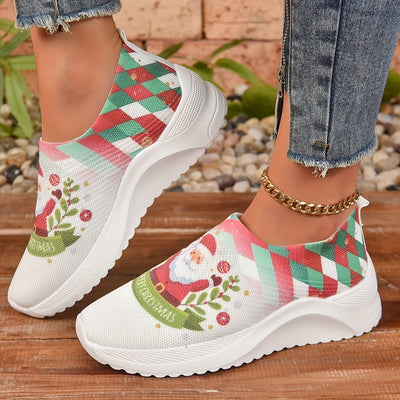 Festive Fun: Women's Santa Claus Pattern Sneakers - Lightweight Casual Slip-Ons for Christmas