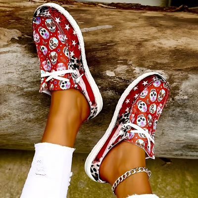 Stylish and Spooky: Women's Skull Printed Sneakers for Comfy Halloween Fun