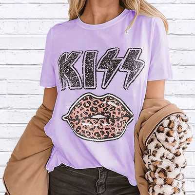 Vintage Leopard Lips Print T-shirt, Retro Short Sleeve Crew Neck T-shirt, Casual Every Day Tops, Women's Clothing