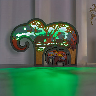 Elephant Baby 3D Wooden Art Carving LED Night Light: Exquisite Wood Carved Home Decor and Perfect Gift for Father's Day