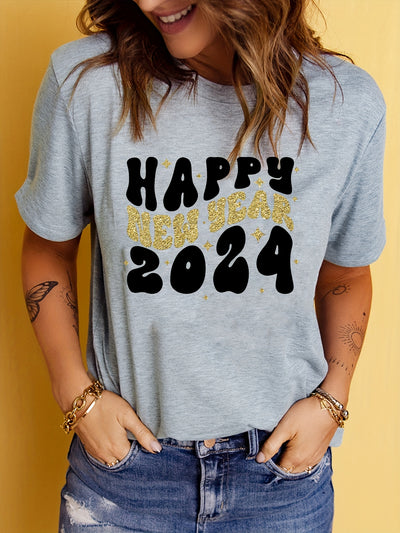 2024 Happy New Year Print T-Shirt: Embrace Joy and Style with this Casual Crew Neck Short Sleeve Daily Top for Women's Clothing