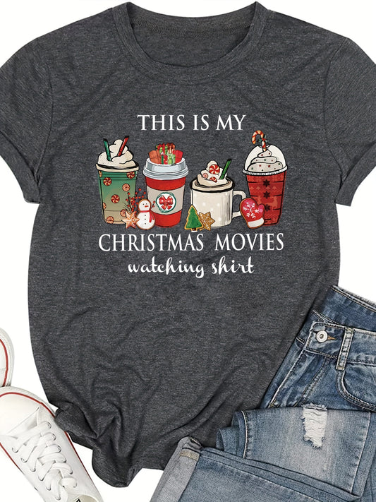 Christmas Coffee Pattern Tee: Festive and stylish short sleeve crew neck t-shirt for women's casual wear