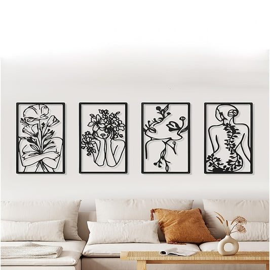 Minimalist Abstract Woman Wall Art: Stylish 4pcs Metal Art Line Drawings for Chic Home Décor